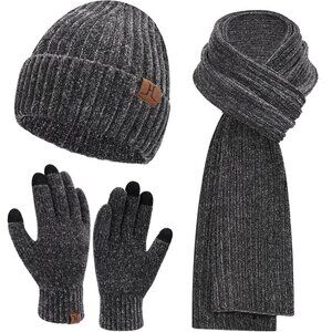 Winter Beanie Hat Scarf Gloves Set for Women and Men Gray Warm Knit Gift Idea